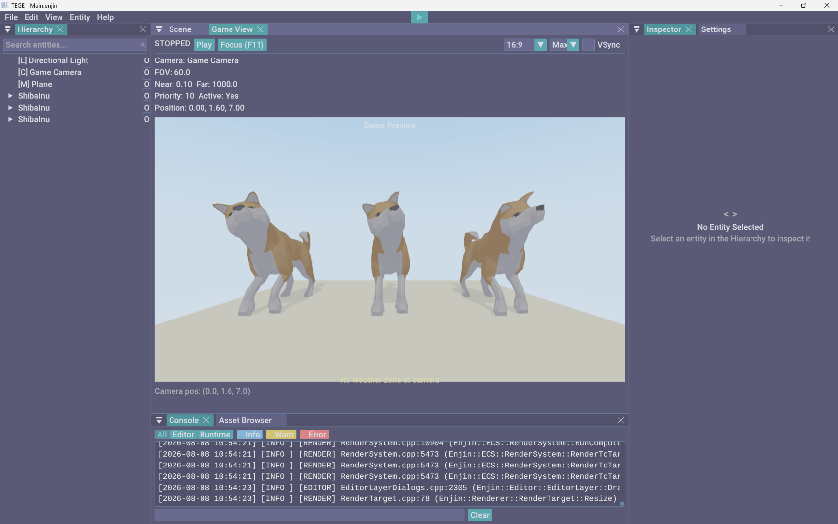 TEGE Game Engine Editor Workspace