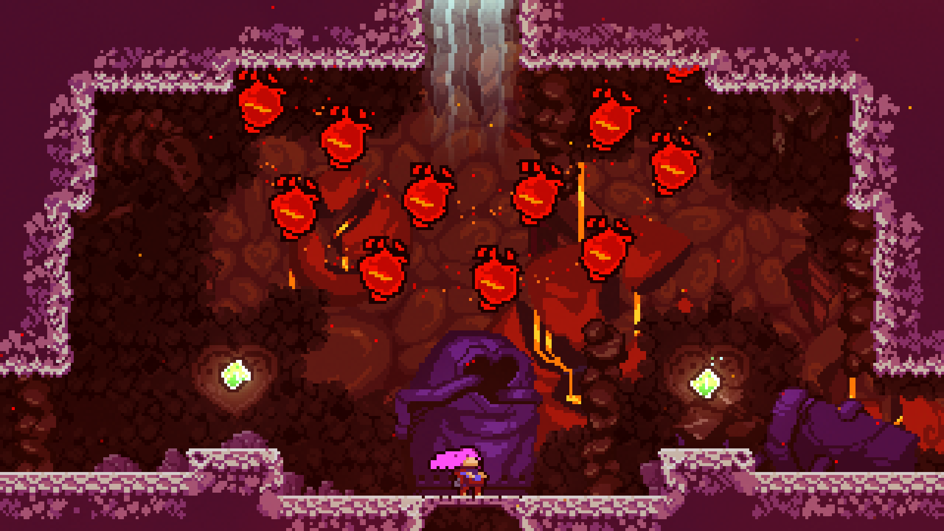 A challenging fire-themed section in Celeste with floating flame enemies and narrow platforming - the kind of content Assist Mode helps players navigate