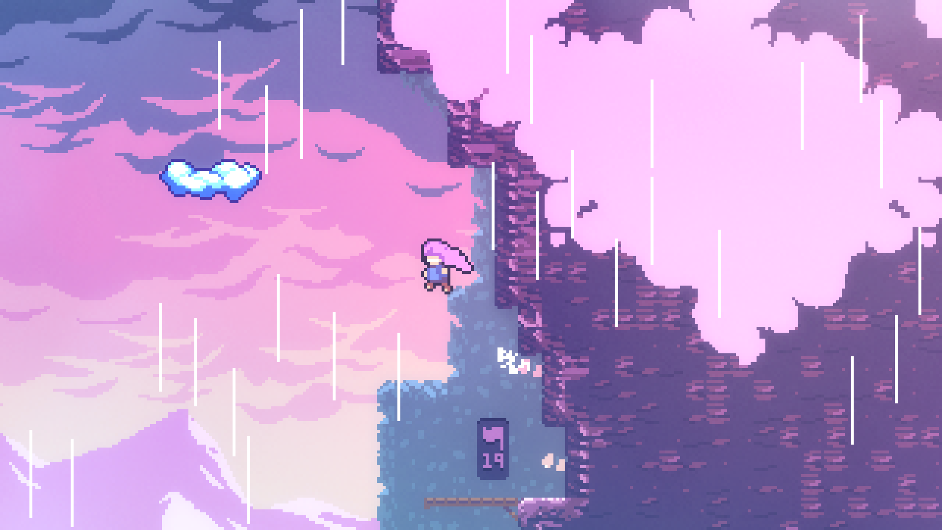 Madeline standing on a cliff edge in the rain with a vast pink sky behind her in Celeste