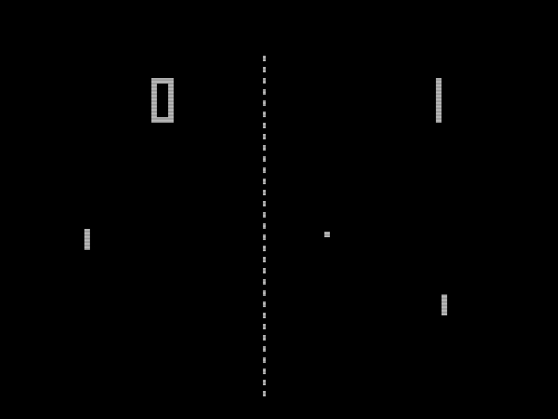 The original Pong gameplay screen with two paddles, a ball, and score counters