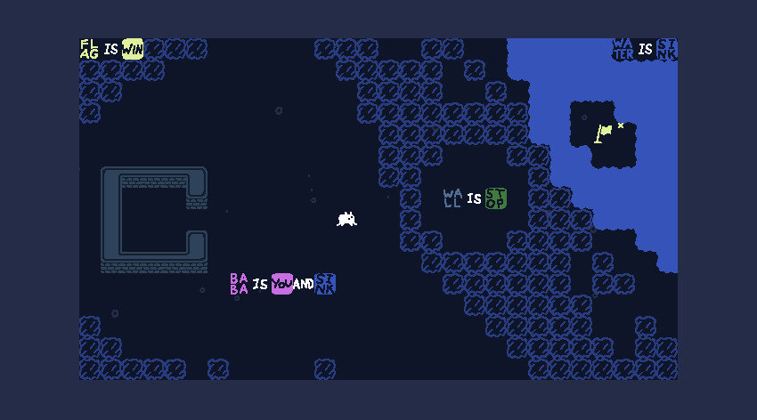 Baba Is You puzzle with visible rule blocks - FLAG IS WIN, WALL IS STOP, BABA IS YOU - the rules themselves are the material you manipulate