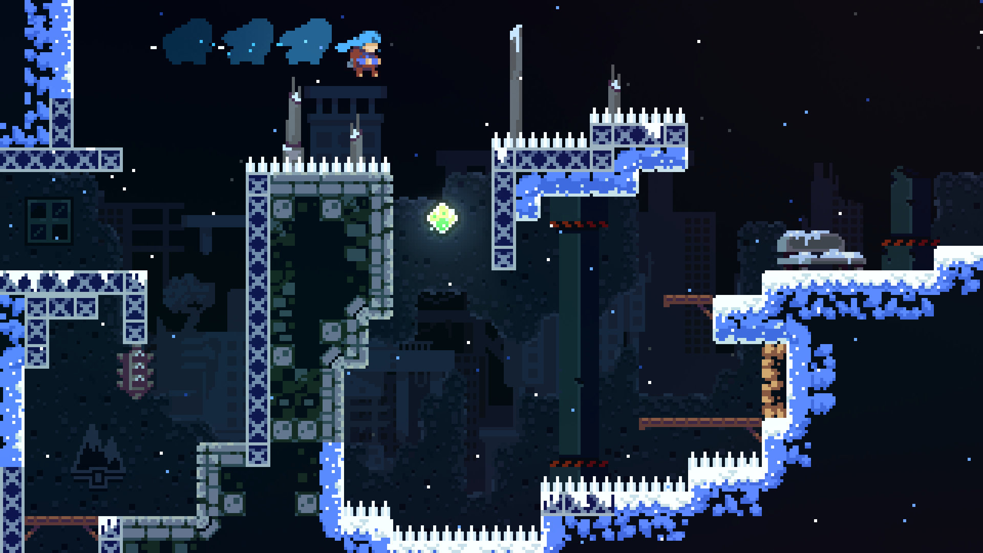 Forsaken City in Celeste - tight platforming with spikes, crumbling platforms, and a collectible strawberry visible