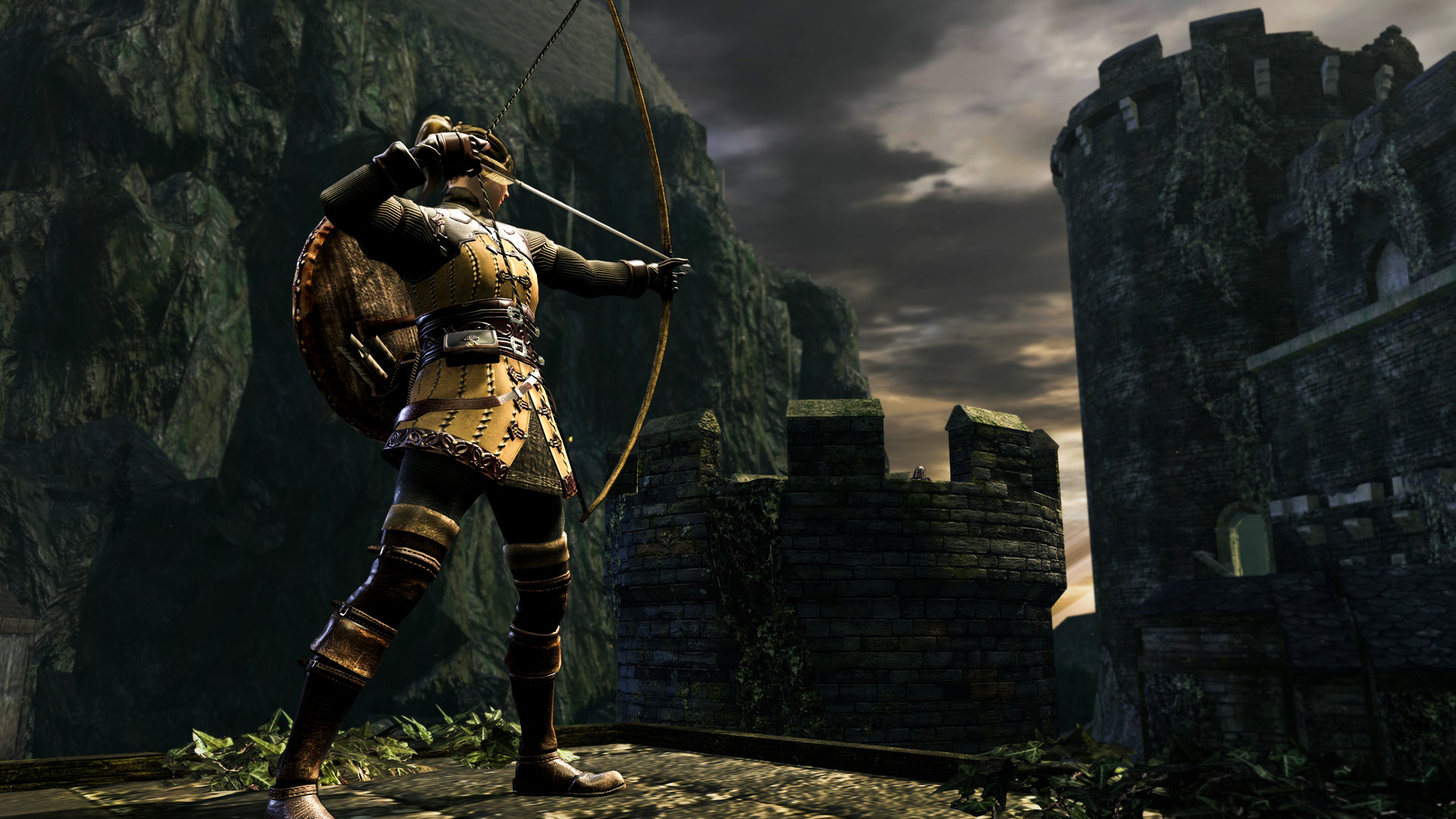 Dark Souls archer on battlements overlooking distant castle architecture - vertical spatial awareness