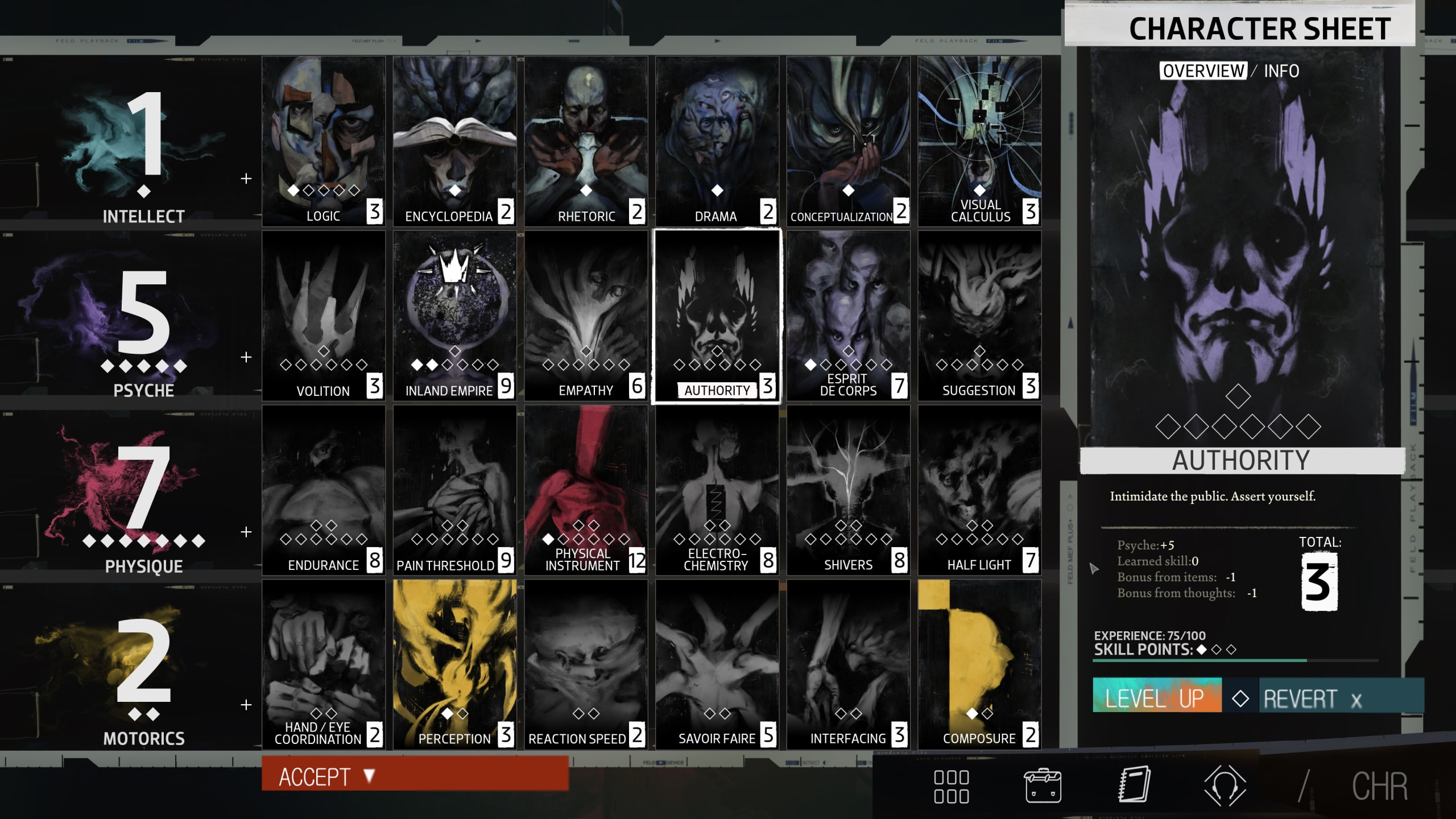 The character sheet in Disco Elysium showing 24 skills as illustrated portraits - each skill is a voice in the dialogue system