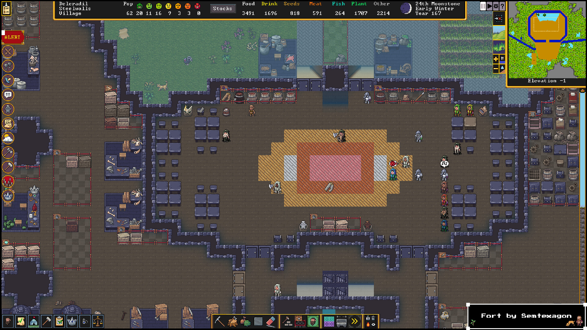A sprawling fortress in Dwarf Fortress with a central throne room, workshops, and living quarters - dozens of interconnected systems producing emergent stories
