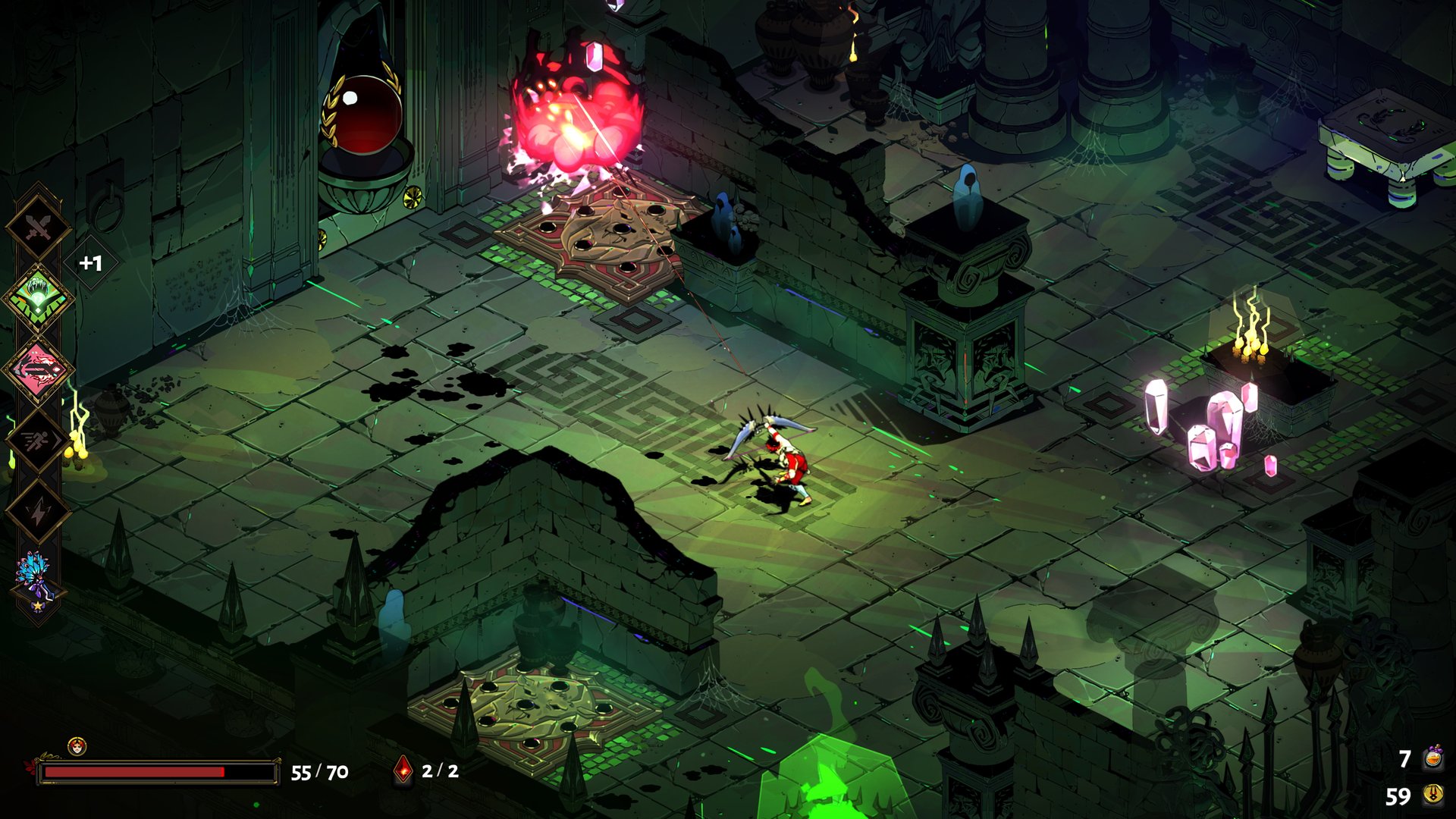 Zagreus fighting through Tartarus with the bow, health and ability indicators visible in Hades
