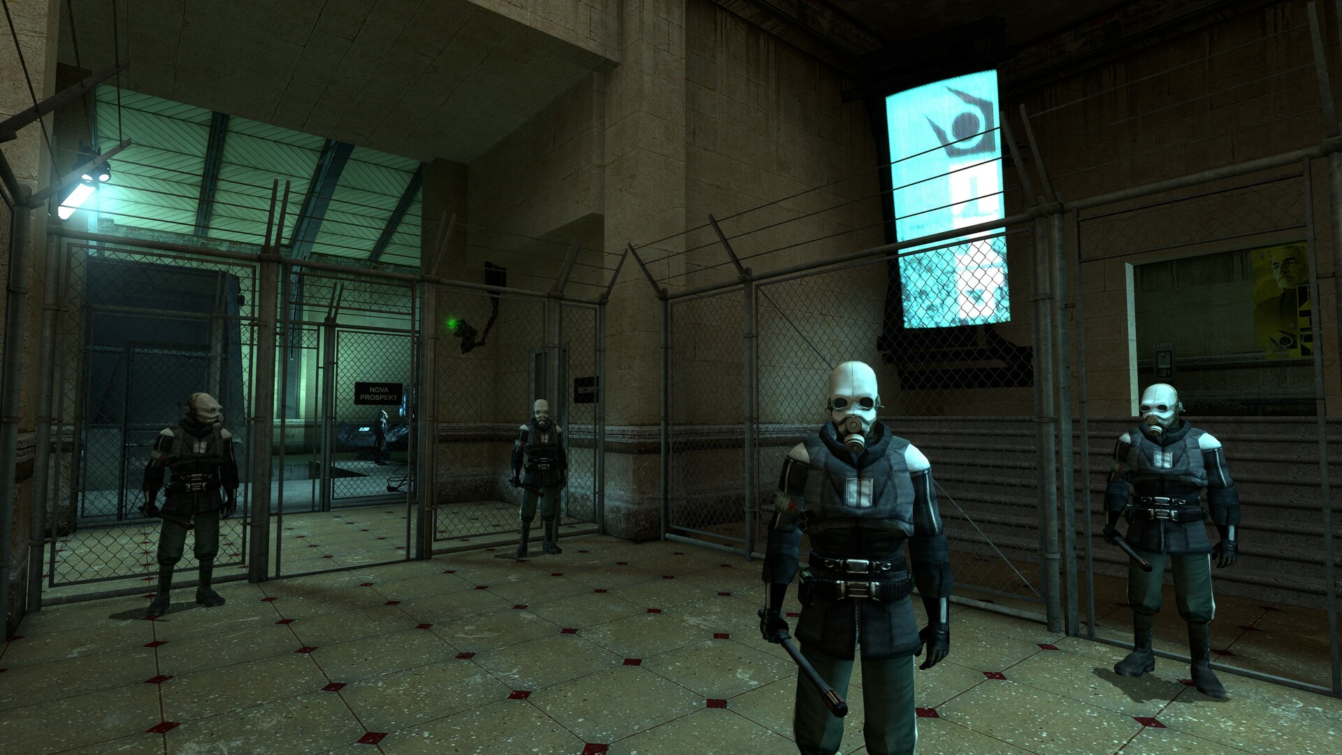 Half-Life 2 City 17 interior with Combine soldiers - spatial design communicating authority and constraint